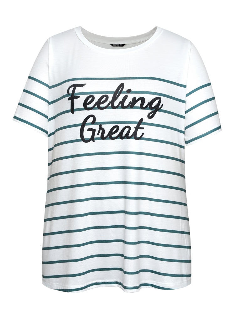 Striped & Slogans Print Crew Neck T-shirt