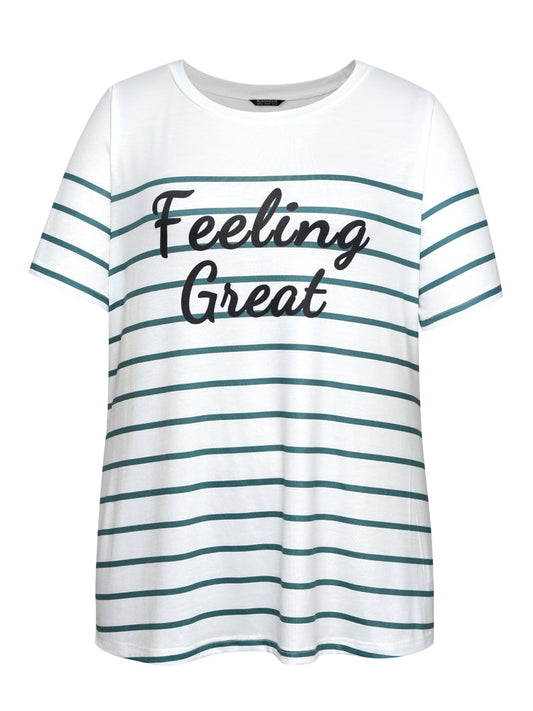 Striped & Slogans Print Crew Neck T-shirt
