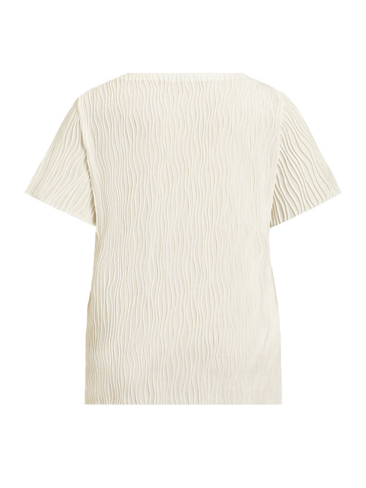 Solid V Neck Textured Frill Trim T-shirt