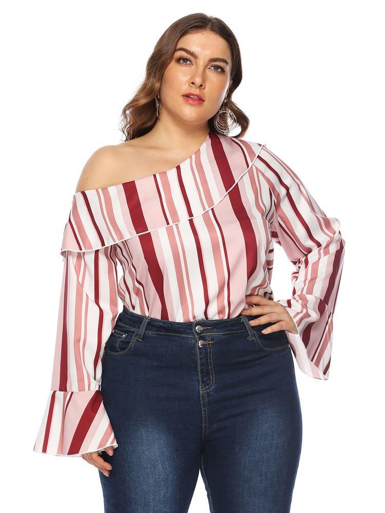 Stripe Off-shoulder Flared Sleeve Top