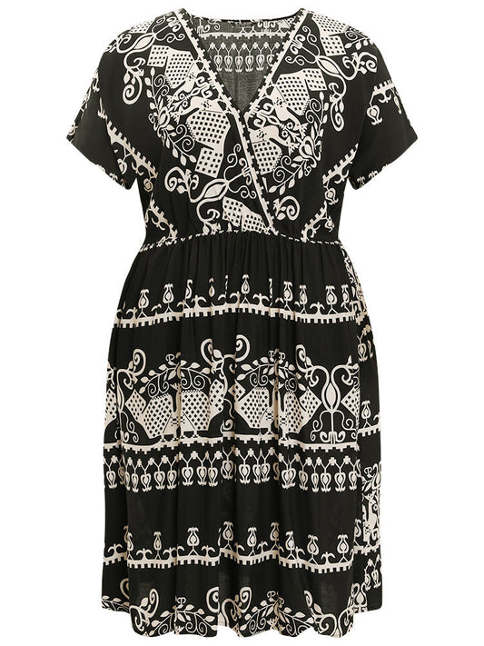 Bandana Print Pocket Ruffles Hem Surplice Neck Dress