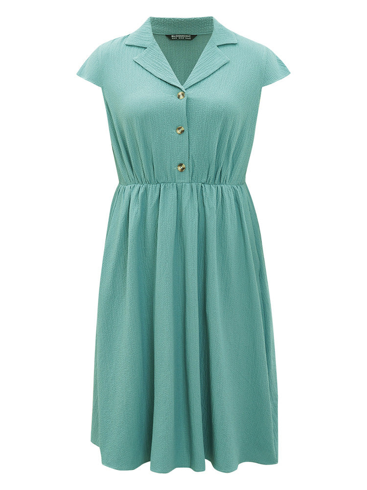 Suit Collar Button Elastic Waist Pocket Cap Sleeve Dress