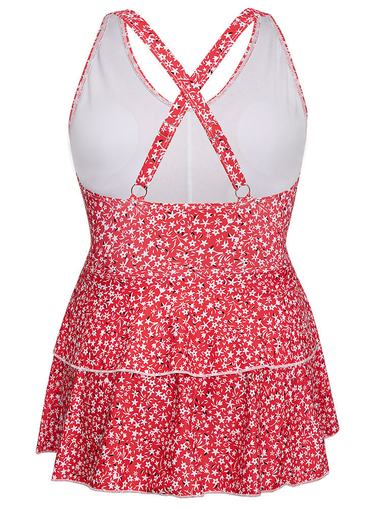 Ditsy Floral Crisscross Adjustable Straps Ruffle Tiered Tankini Top
