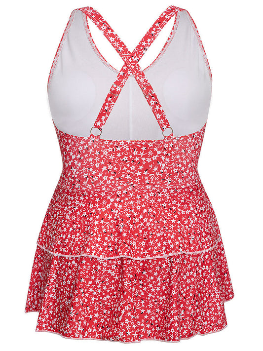 Ditsy Floral Crisscross Adjustable Straps Ruffle Tiered Tankini Top