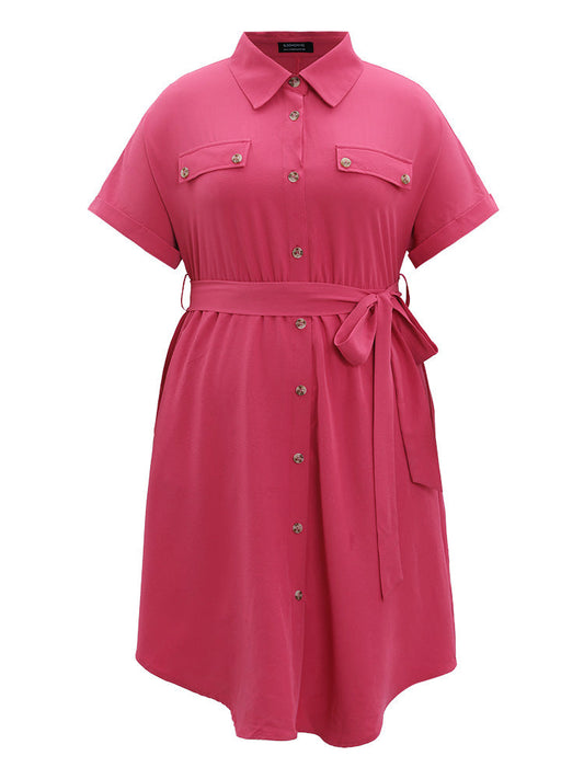 Plain Belted Shirt Collar Arc Hem Roll Batwing Sleeve Dress