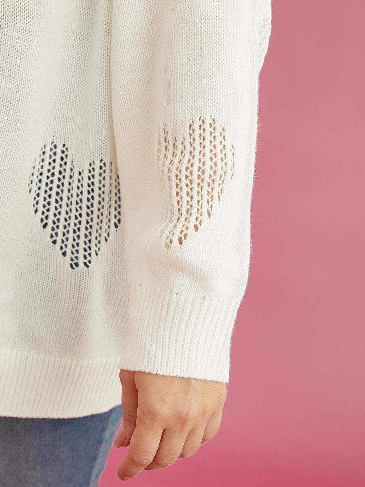 Solid Pointelle Knit Heart Cut Out V Neck Knit Top