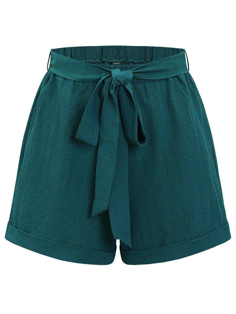Plain Belted Pocket Roll Hem Shorts