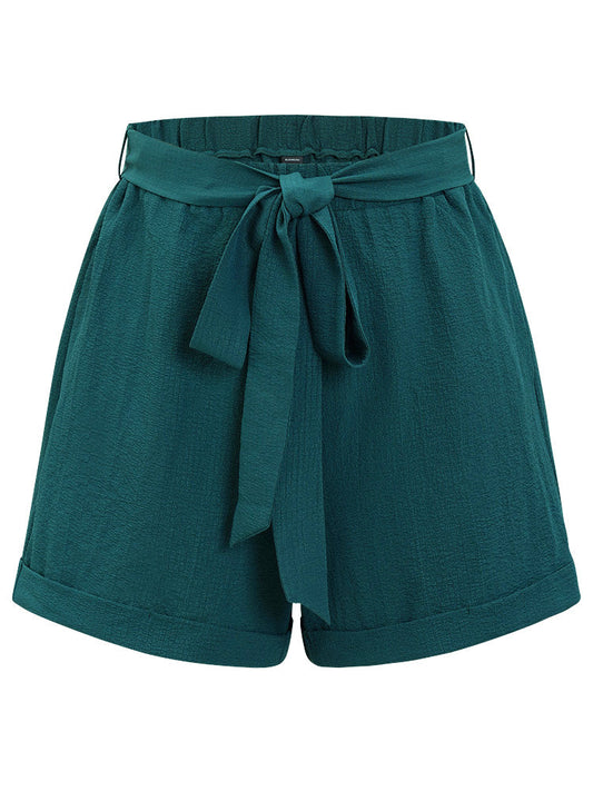 Plain Belted Pocket Roll Hem Shorts