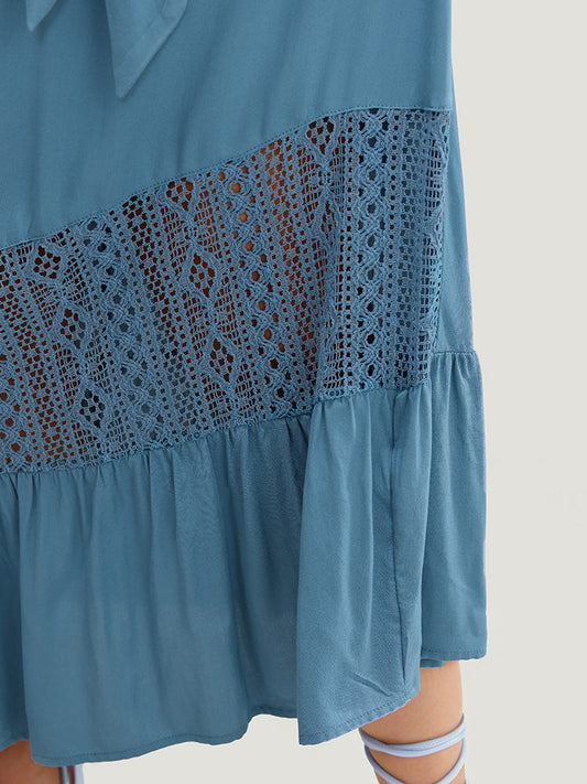 Plain Halter Belted Flutter Hem Pocket Lace Insert Dress