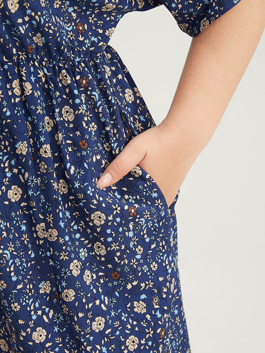 Floral Print V Neck Dolman Sleeve Pocket Split Dress