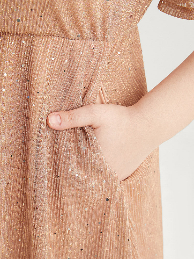 Plain Glitter Shirred Raglan Sleeve Mesh Pocket Ruffles Dress