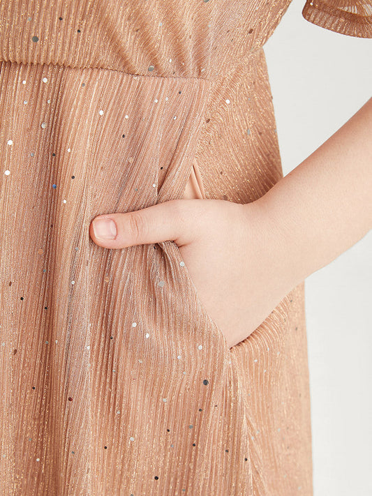 Plain Glitter Shirred Raglan Sleeve Mesh Pocket Ruffles Dress