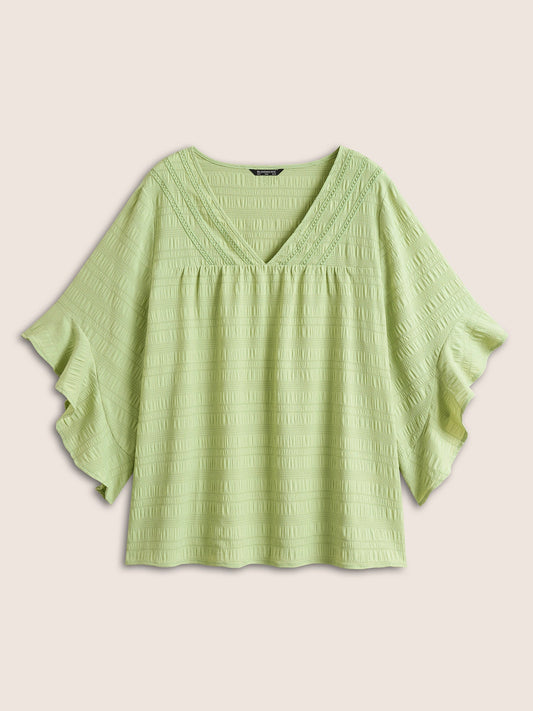 Solid Textured Gathered Ruffle Sleeve Blouse