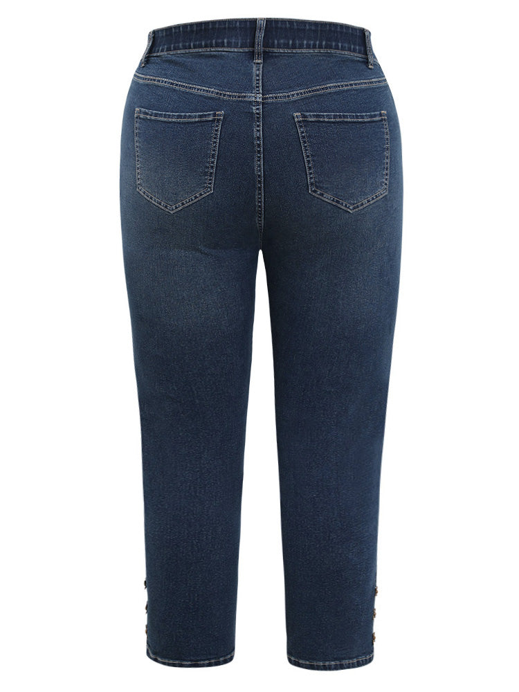 Very Stretchy High Rise  Dark Wash Beaded Detail Cropped Jeans