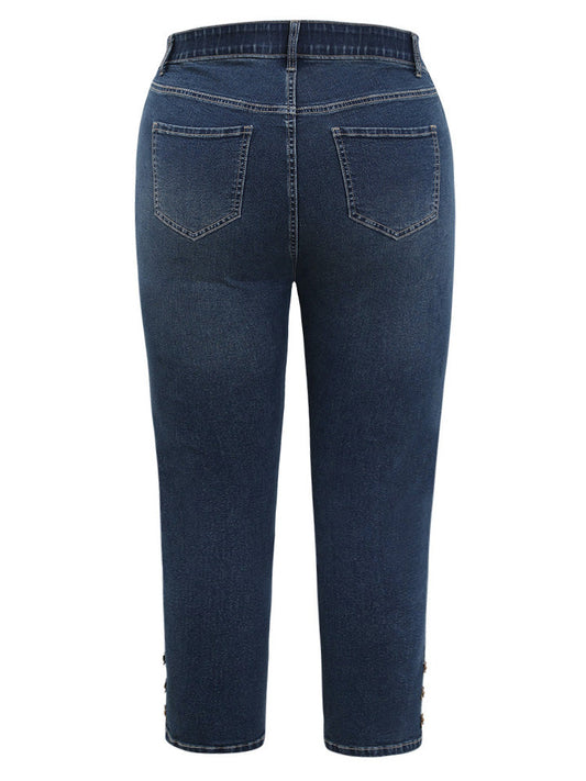 Very Stretchy High Rise  Dark Wash Beaded Detail Cropped Jeans