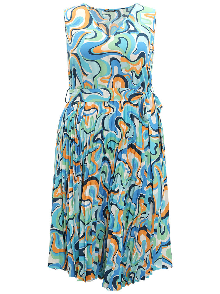 Water Ripple Print V Neck Belted Plicated Detail Tank Dress