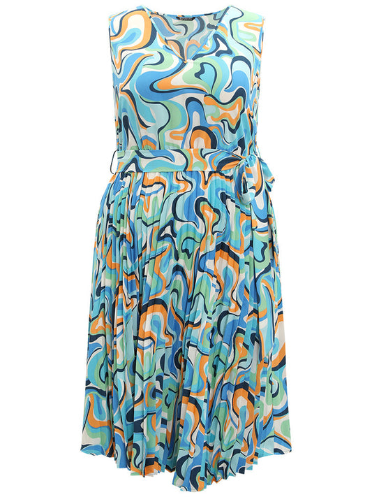 Water Ripple Print V Neck Belted Plicated Detail Tank Dress