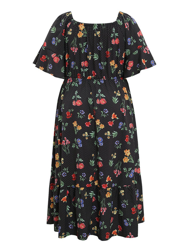 Floral & Polka Dot Ruffle Sleeve Pocket Square Neck Dress