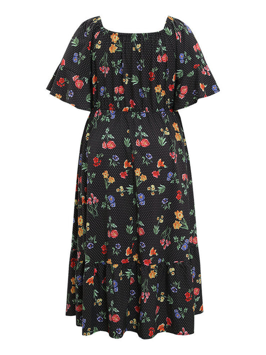 Floral & Polka Dot Ruffle Sleeve Pocket Square Neck Dress