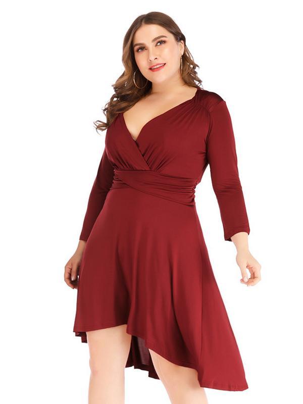 V-neck Creasing Solid Dress