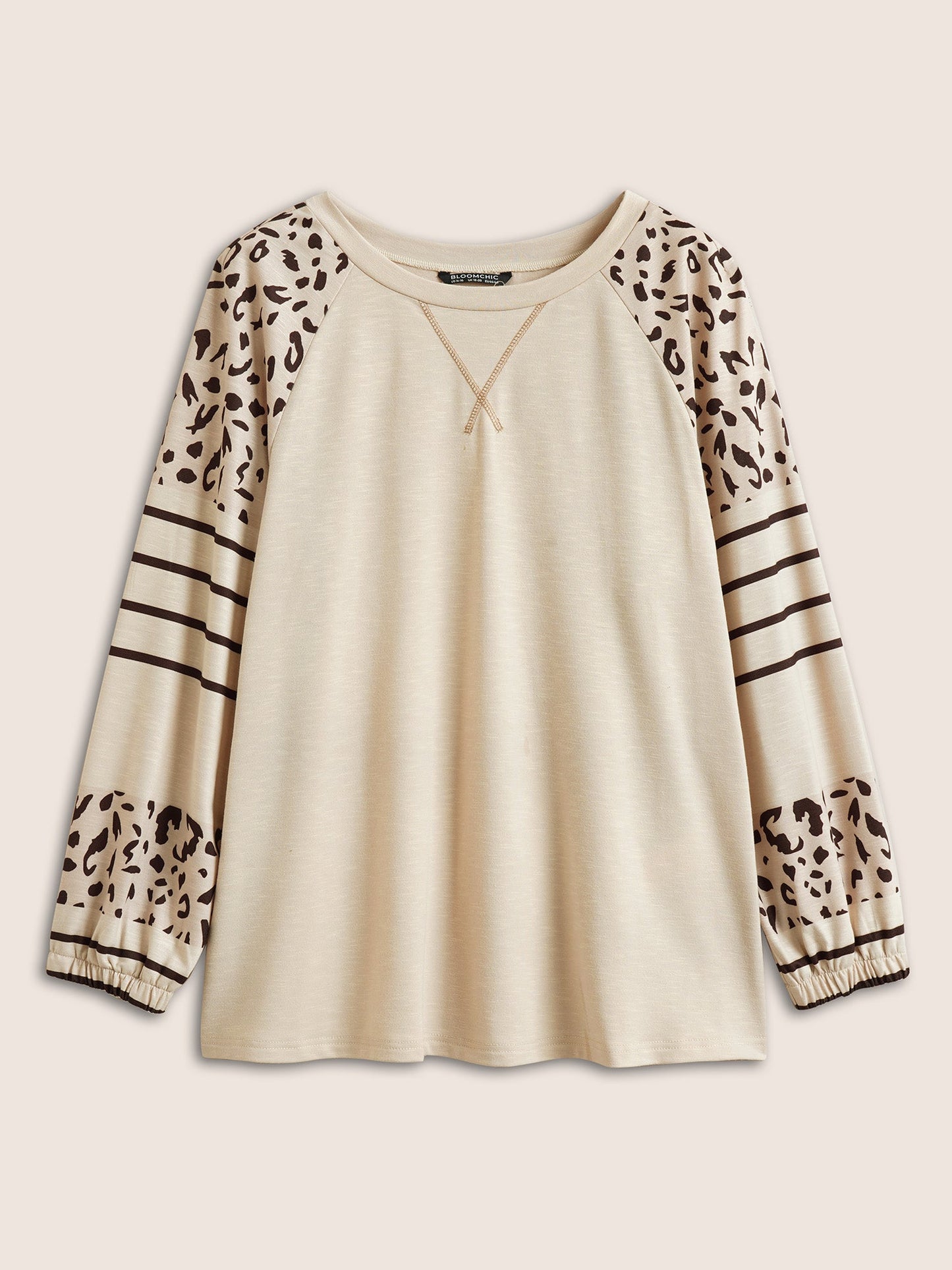 Striped Leopard Patchwork Raglan Sleeve Sweatshirt