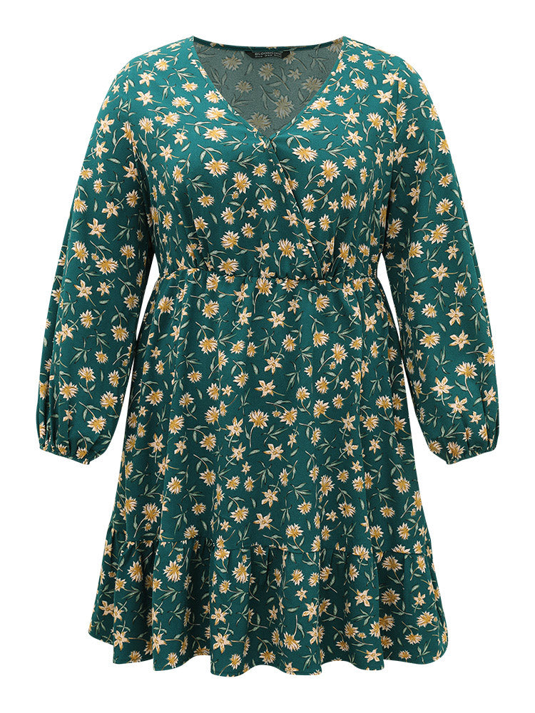 Floral Print Surplice Neck Elastic Cuffs Dress