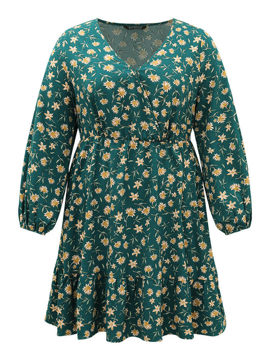 Floral Print Surplice Neck Elastic Cuffs Dress