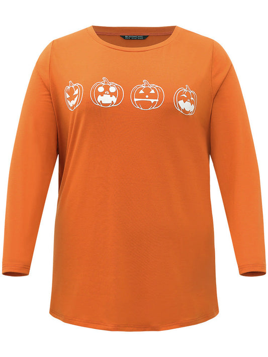 Halloween Pumpkin Print Round Neck T-shirt