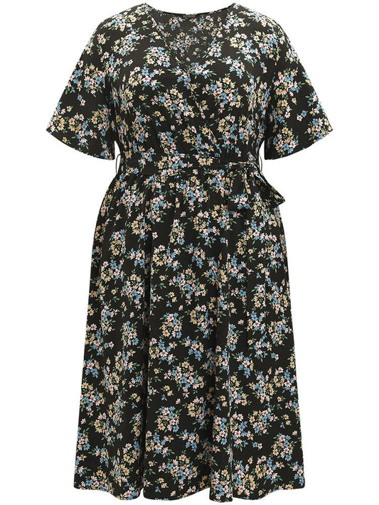Ditsy Floral Wrap Belted Ruffle Sleeve Dress