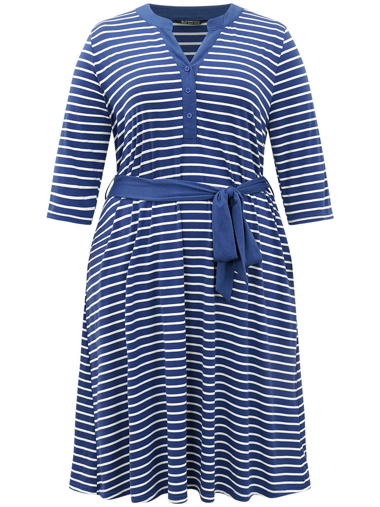 Striped Belted Notched Dress