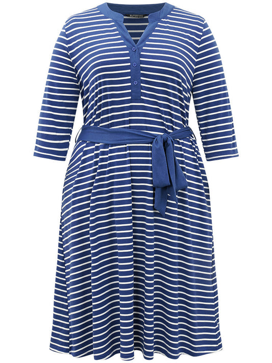 Striped Belted Notched Dress