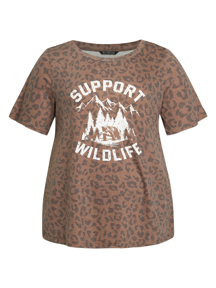 Leopard Graphic & Letter Print Crew Neck T-shirt