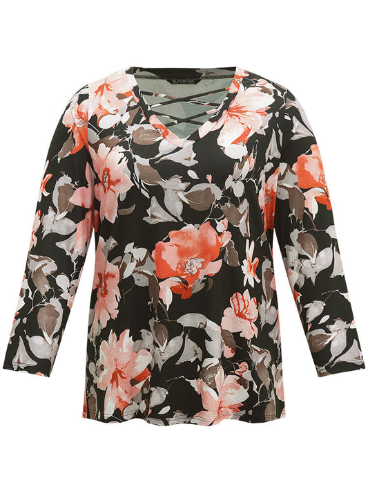 Floral Print Crisscross V Neck T-shirt