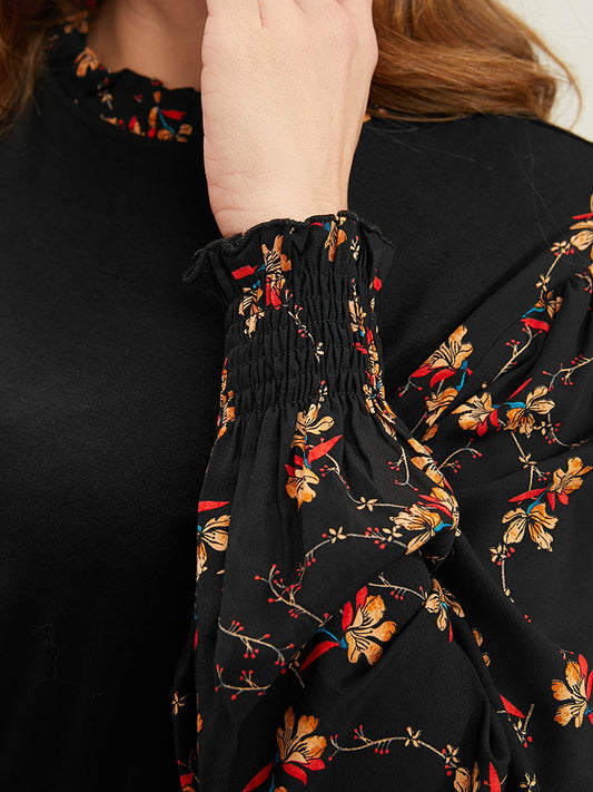 Floral Patchwork Frill Trim Shirred Lantern Sleeve Keyhole Sweatshirt