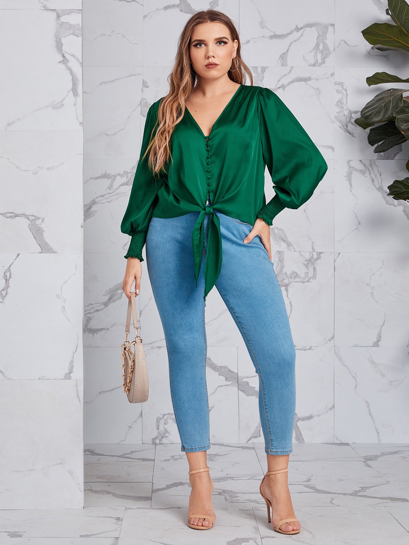 Knot Hem Shirred Detail Lantern Sleeve Satin Top
