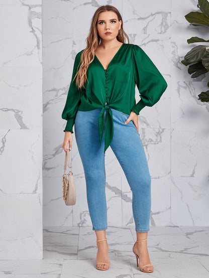 Knot Hem Shirred Detail Lantern Sleeve Satin Top