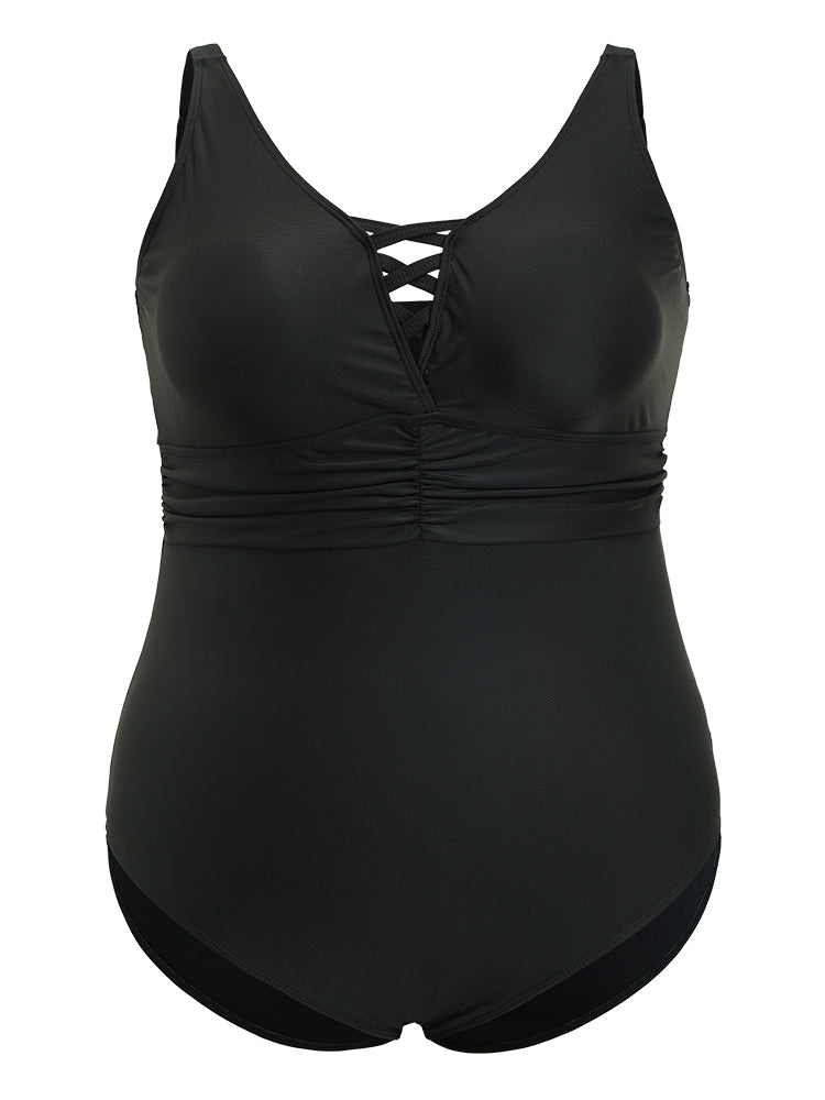 Plain Crisscross Neck Ruched One Piece Swimsuit