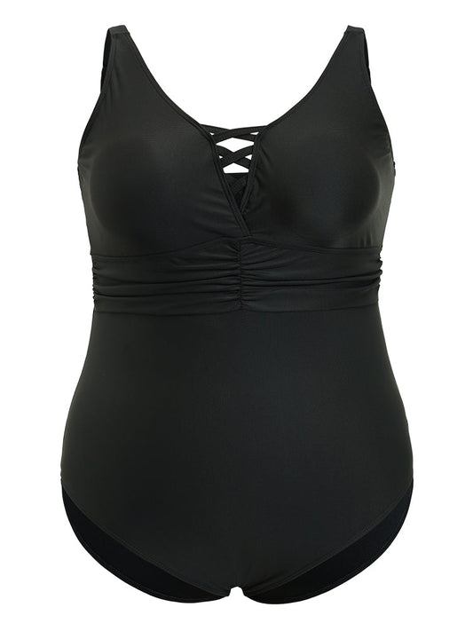 Plain Crisscross Neck Ruched One Piece Swimsuit