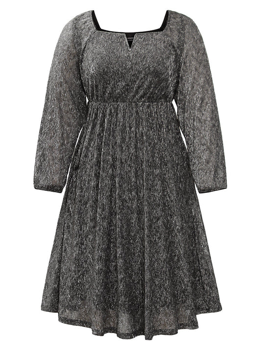 Plisse Notched Lantern Sleeve Midi Dress