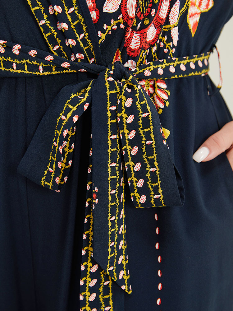 Bandana Print Embroidered Surplice Neck Pocket Belted Jumpsuit