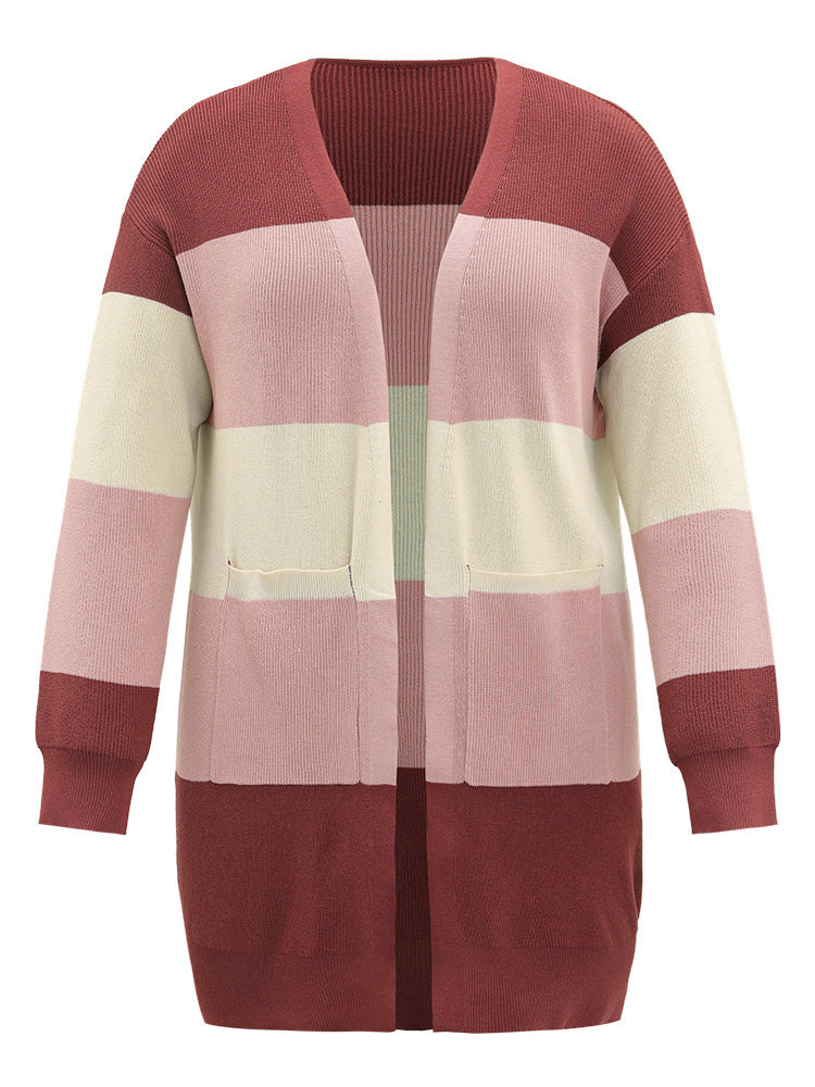 Colorblock Patchwork Patched Pocket Elastic Cuffs Cardigan