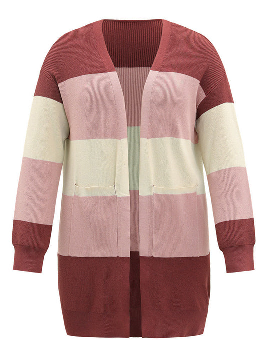 Colorblock Patchwork Patched Pocket Elastic Cuffs Cardigan