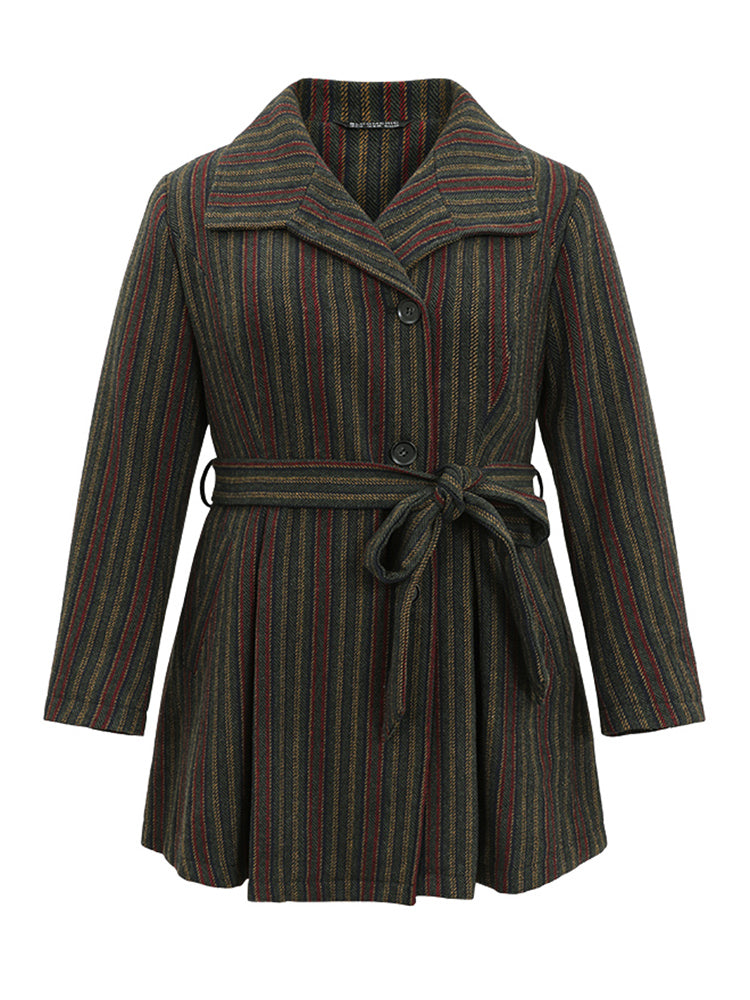 Bandana Striped Lapel Collar Belted Woolen Coat