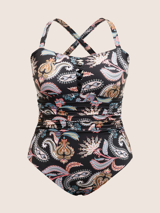 Bandana Print Crisscross Neck One Piece Swimsuit