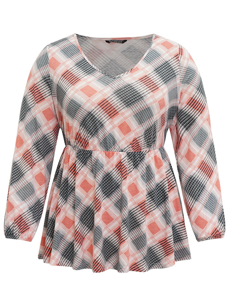 Plaid Elastic Waist Elastic Cuffs Printed T-shirt