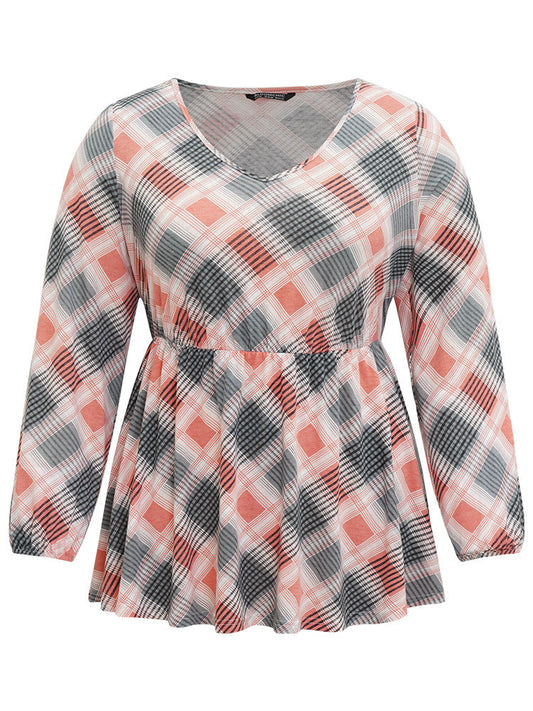 Plaid Elastic Waist Elastic Cuffs Printed T-shirt