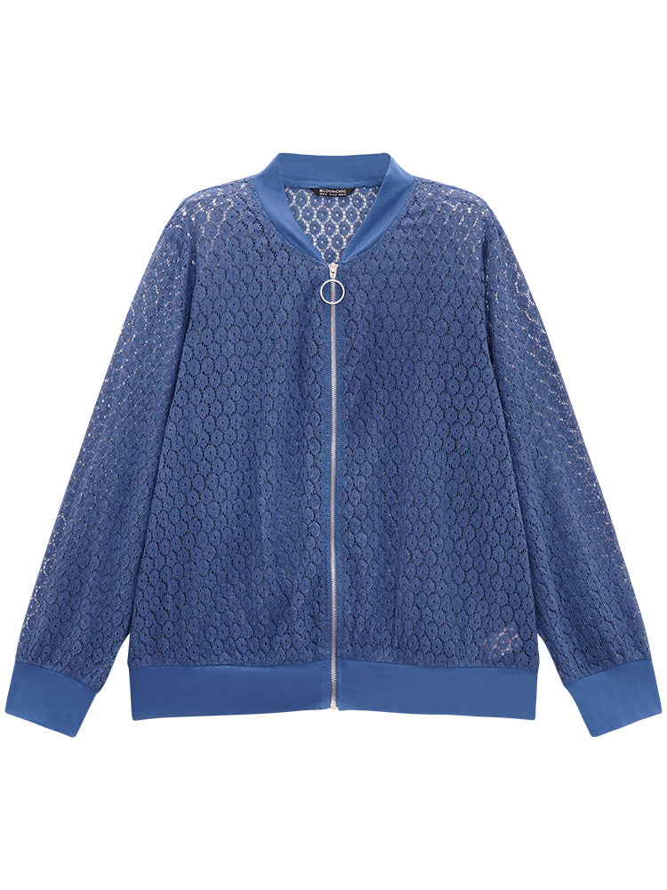 Plain Lace Patchwork Zipper Cut Out Jacket