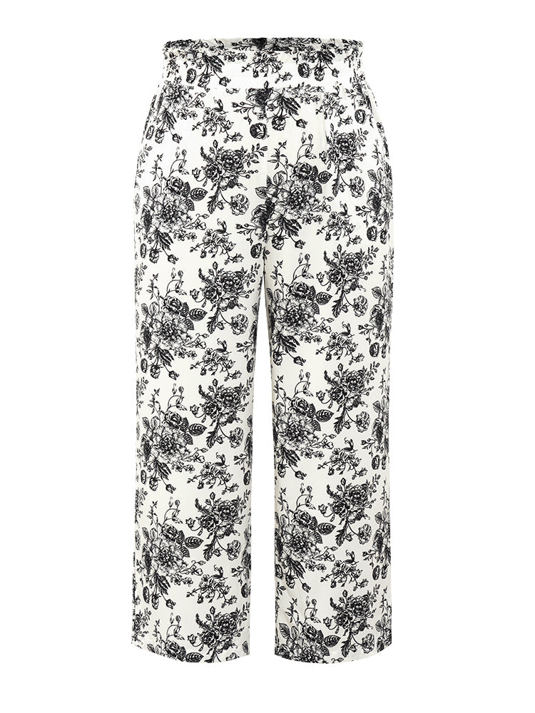 Floral Print Pocket Paperbag Waist Sleep Pants
