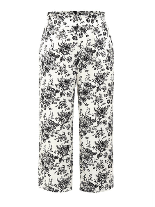 Floral Print Pocket Paperbag Waist Sleep Pants