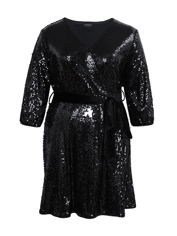 Sequin V Neck Lantern Sleeve Belted Dress
